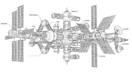 Futuristic Space Station Blueprint - Wireframe Design with Solar Panels © Sifaul