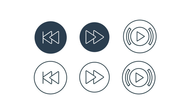 Collection of media player control icons including rewind fast forward and play buttons in both filled and outlined circular styles for apps.