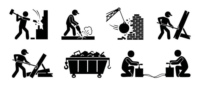 Demolition and Construction Work Icon Set: Workers Using Jackhammers, Sledgehammers, Crowbars, and Detonators for Building Destruction, Wrecking Ball Operations, and Debris Removal Tasks in Profession