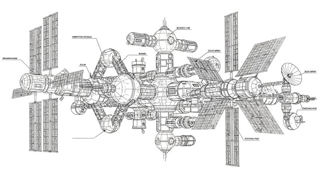 Futuristic Space Station Blueprint - Wireframe Design with Solar Panels
