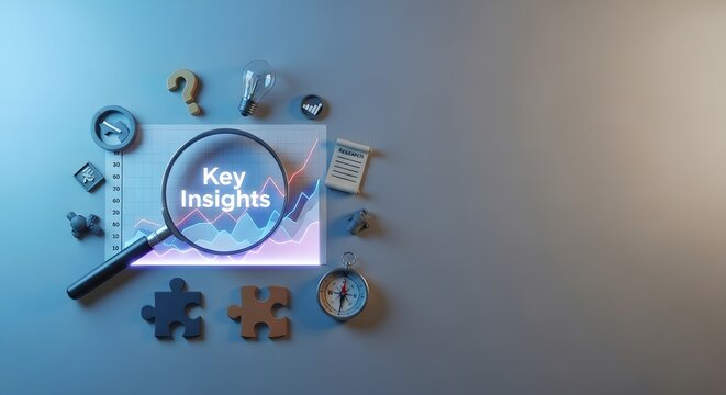Key insights concept with flat and clock on blue background, flat clock