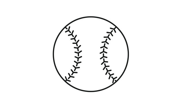 Realistic black and white line art of a baseball showing the characteristic red stitching pattern as black lines.