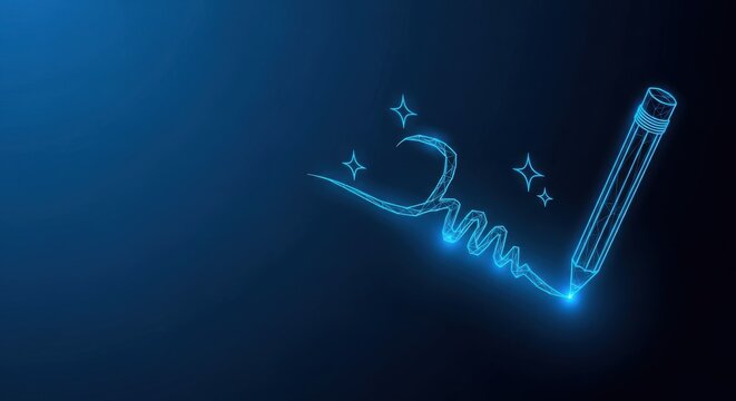 Glowing Neon Whisk Outline with Sparkles on a Dark Blue Background