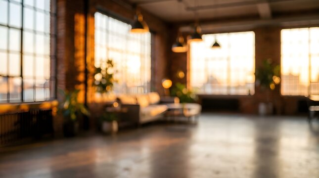 Industrial loft interior with blurred background, warm sunset light through large windows, modern open space living room with brick walls