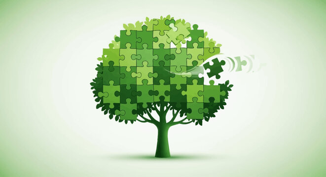 A green tree made of puzzle pieces, with one piece detaching, symbolizing environmental connection and complexity.
