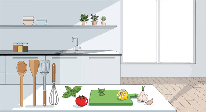 A kitchen counter with utensils and vegetables