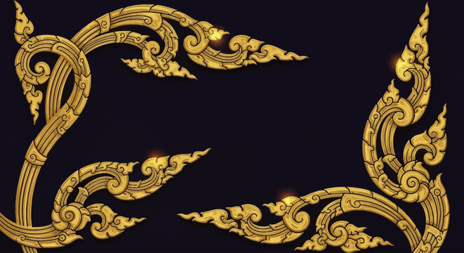 Intricate golden Thai traditional art patterns with swirling motifs on a dark blue background.