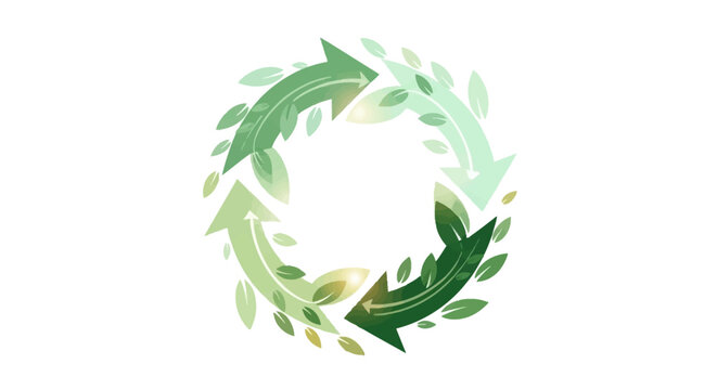 A circular arrow symbol with green leaves and watercolor texture, representing sustainability and recycling.