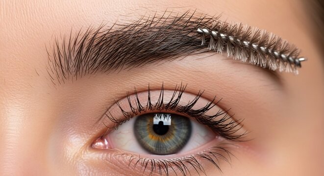 Close-up of a womans eye with a brow brush grooming her eyebrow.