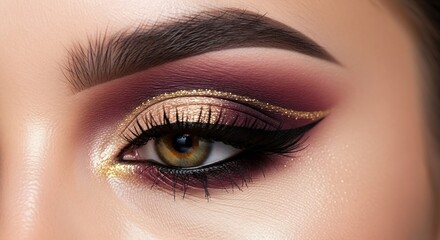Fototapeta premium Glamorous Eye Makeup with Shimmering Gold and Deep Purple Hues.