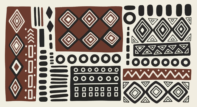 Abstract ethnic tribal patterns with geometric shapes in earthy tones.