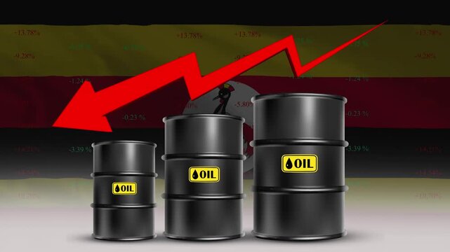 Oil Price Decline with Uganda Flag and Falling Crude Barrel Trend