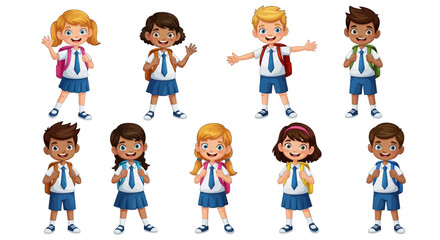 Naklejka premium Diverse group of happy elementary school children wearing uniforms and carrying backpacks