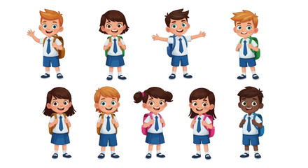 Fototapeta premium Group of diverse happy school children wearing uniforms and carrying backpacks in standing poses