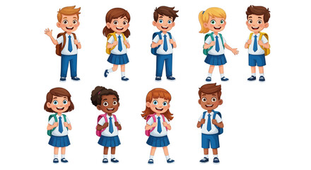 Fototapeta premium Happy diverse school children wearing uniforms and carrying colorful backpacks standing together