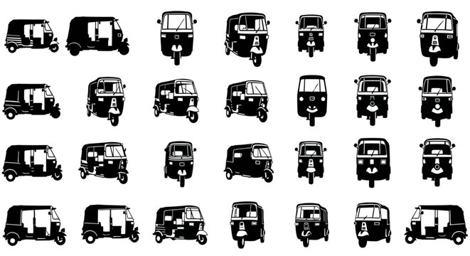 Collection of black and white silhouette illustrations of auto rickshaws showcasing various angles and perspectives of the iconic three wheeled vehicle used for transportation