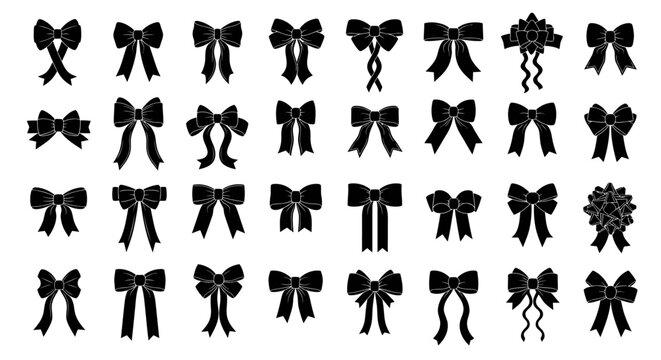 Collection of various black ribbon bow icons and symbols isolated on a white background perfect for design elements decorations and festive occasions evoking a sense