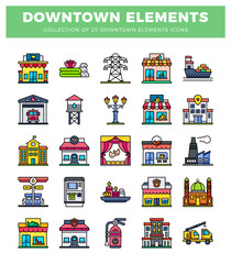 Fototapeta premium flat colorful downtown element icons in a grid