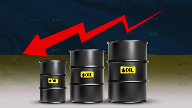 Oil Price Decline with Ukraine Flag and Falling Crude Barrel Trend