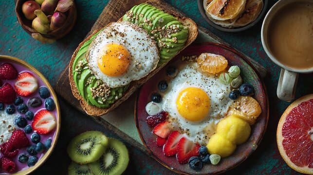 Overhead shot of breakfast with avocado toast, eggs, fruit, and coffee prepared for eating.
