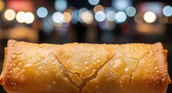 Crispy Golden Egg Roll with Blurry Bokeh Lights in Background.