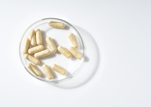Herbal supplement capsules in a petri dish on a white background with copy space