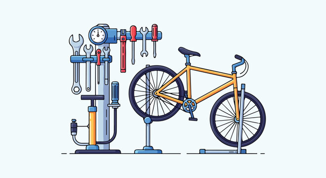 A bicycle on a stand next to a bike pump and tools