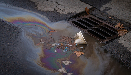 Naklejka premium Oil spill and trash in street water puddle