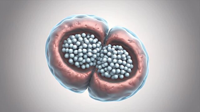 Microscopic CGI visualization of dividing cell with internal granular structures in light pink and blue hues against a soft gray gradient background, illustrating biological process for educational