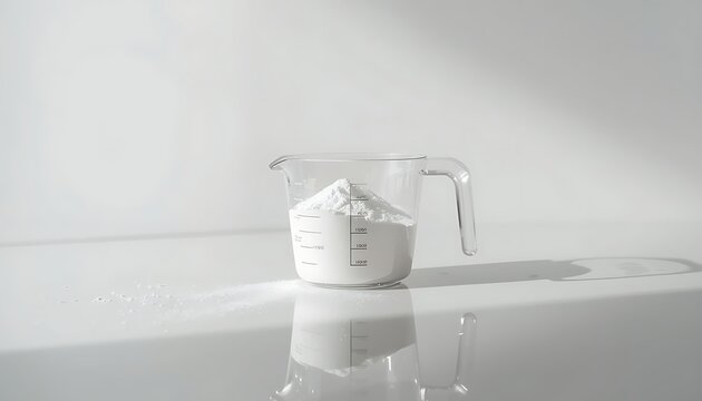 A measuring cup filled with white powder on a reflective surface with a clean and minimalist background