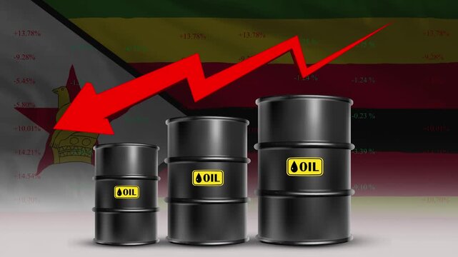 Oil Price decrease with Zimbabwe Flag and Rising Crude Barrel Trend