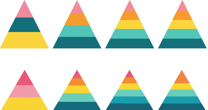 Colorful pyramid chart set with 3 to 6 levels, flat vector infographic elements for business presentations, layered triangle diagrams for data visualization
