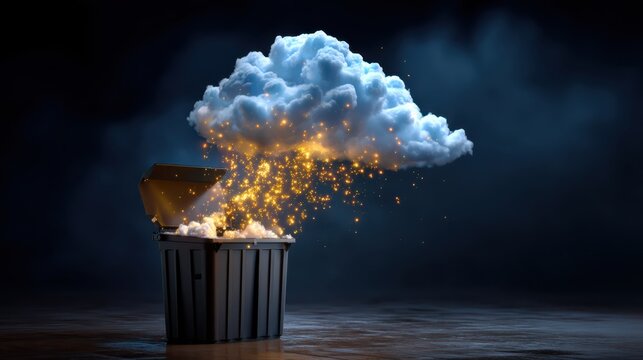 A glowing cloud emitting sparks rises from an open trash bin against a dark background, blending elements of nature and surrealism.