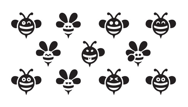 Cute cartoon bees with different facial expressions vector illustration isolated on white.