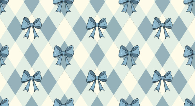 Elegant blue bow pattern on argyle background for gift wrapping and design