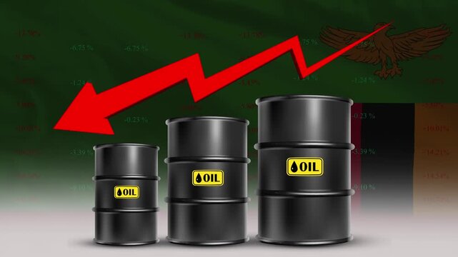 Oil Price decrease with Zambia Flag and Rising Crude Barrel Trend