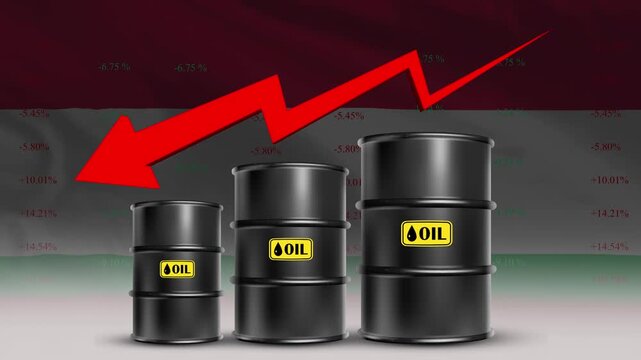 Oil Price decrease with Hungary Flag and Rising Crude Barrel Trend