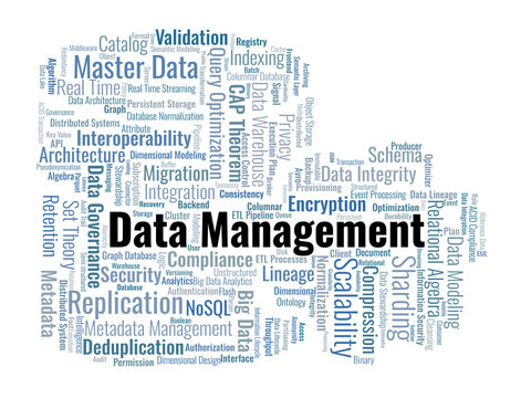 Data Management Word Cloud. A technical visual summary of database architecture, relational logic, distributed systems, and the strategic governance of organizational information assets.