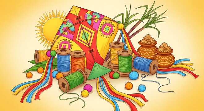 A collection of colorful kites and spools of thread are arranged next to clay pots of food and stalks of sugarcane under a bright sun.