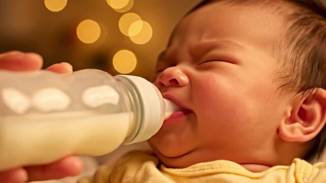 Baby milk bottle feeding newborn closeup infant slow motion swallow parent hand care sleepy cuddle warm soft night light comfort tender love gentle swallow moment