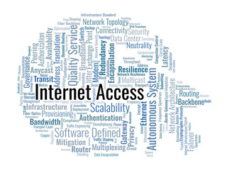 Obraz premium Internet Access Word Cloud. A visual synthesis of physical layers, routing protocols, and global infrastructure components that enable worldwide data transmission and connectivity.