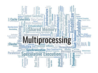 Obraz premium Multiprocessing Word Cloud. A technical visual summary of parallel architectures, processor synchronization, hardware interconnects, and resource management for expert-level computing.