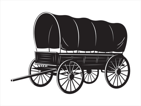 Western covered wagon black silhouette vector illustration flat clipart design