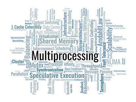 Multiprocessing Word Cloud. A technical visual summary of parallel architectures, processor synchronization, hardware interconnects, and resource management for expert-level computing.