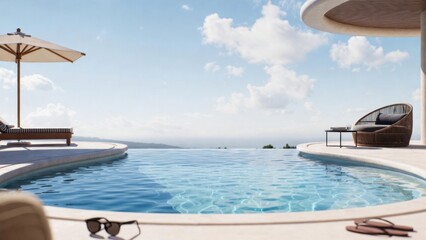 Obraz premium Curved infinity pool with lounge seating and coastal vista