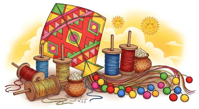 A large kite with geometric patterns is displayed among several spools of colorful thread and pots of snacks against a soft yellow sky.