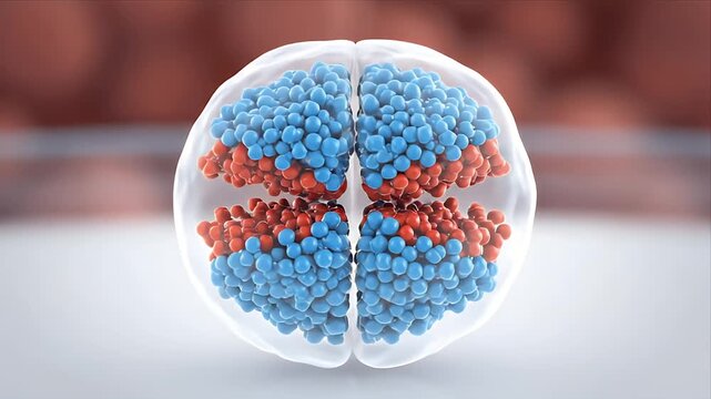 Microscopic view of cell division process 3d animation blue and red particles replicating inside transparent membrane with blurred organic background scientific concept educational footage