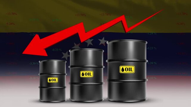 Oil Price Decline with Venezuela Flag and Falling Crude Barrel Trend