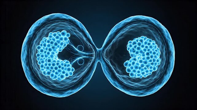 Microscopic View Of Cellular Mitosis Process Showing Two Dividing Cells With Blue Nuclei And Cytoplasm On A Dark Background With Subtle Lighting