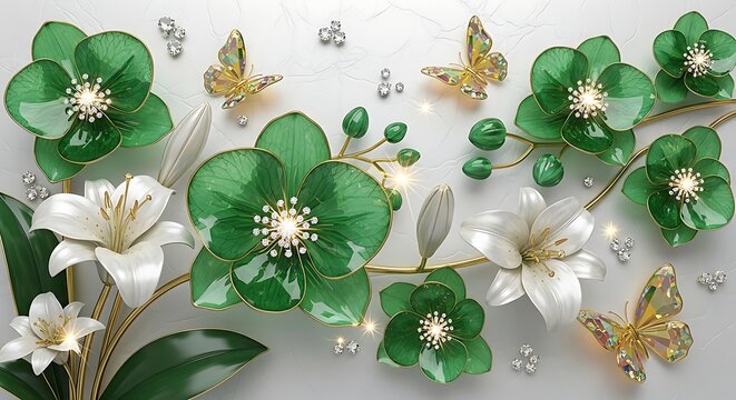 3d wallpaper for wall design A beautiful arrangement of green and white flowers with golden butterflies on a white background